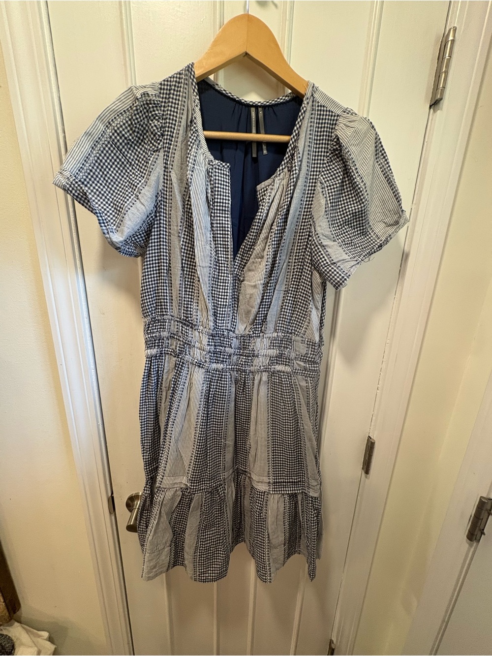 Maeve Blue and White Gingham Tiered Mini Dress